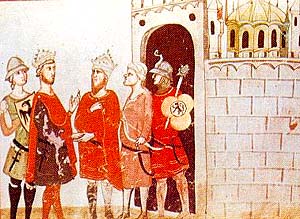 «Frederico II a negociar a restituição de Jerusalém com o sultão do Egipto» 
